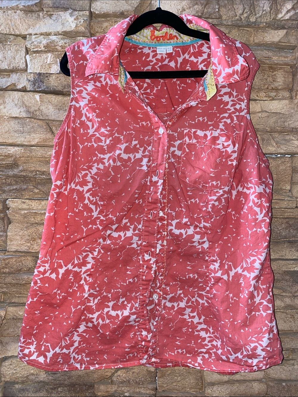 Boden Coral Pink Floral Print Sleeveless Button Down Blouse US 8